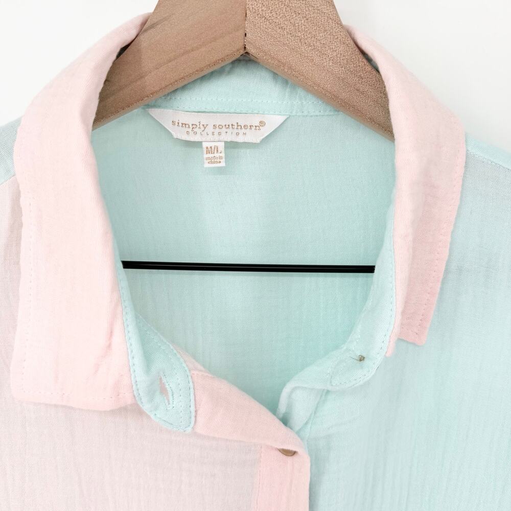 Simply Southern Pastel Colorblock Button Down Shirt 100% Cotton Size M/L Preppy - Picture 4 of 13